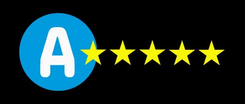 Blue circle with a white A with five golden stars