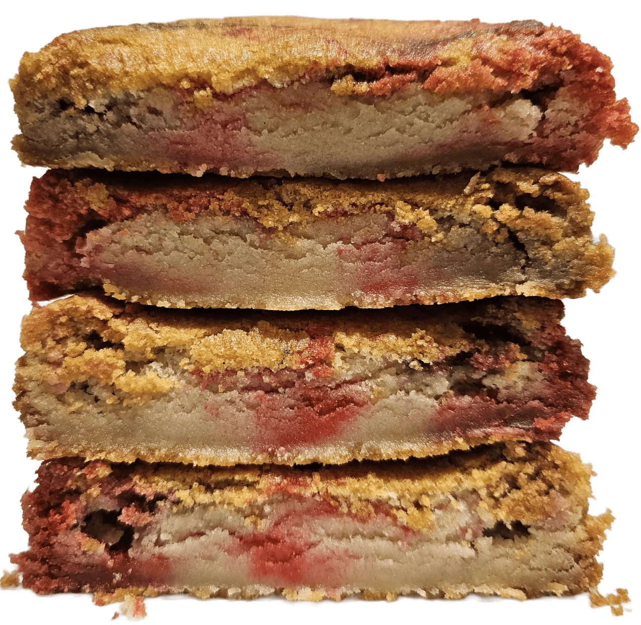 Thick stacks of pink and brown cookies with sugar crystallization