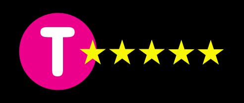 Hot pink circle with a white T with five golden stars