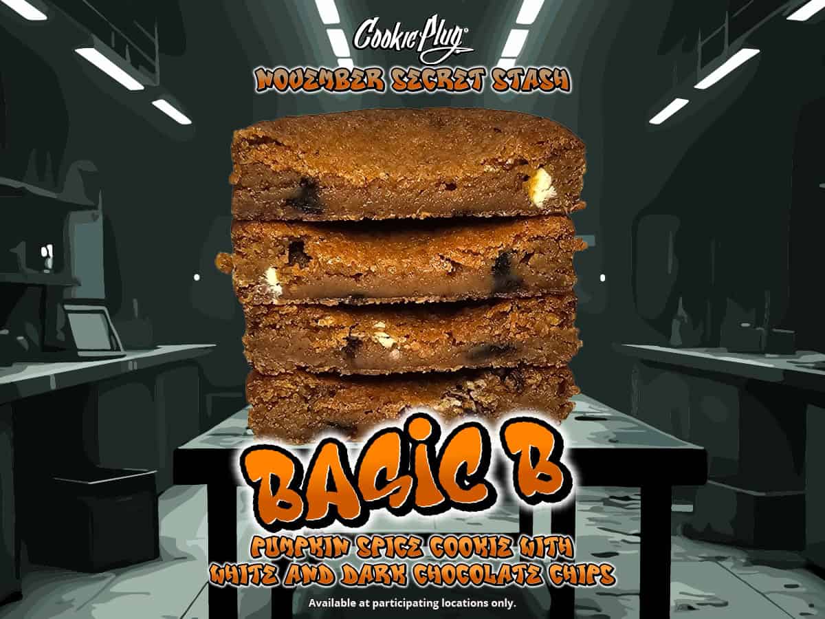 Thick stack of four sliced cookies with white and dark chocolate chips with a black and white graffiti logo that says 'Cookie Plug' and 'Basic B - Pumpkin Spice Cookie with White and Chocolate Chips' on a dark background.