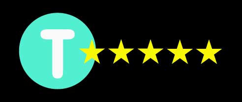 Mint green circle with a white T with five golden stars