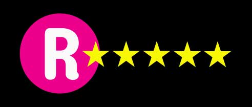Hot pink circle with a white R with five golden stars