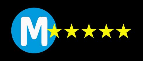 Blue circle with a white M with five golden stars