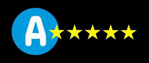 Blue circle with a white A with five golden stars