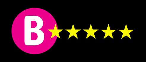 Hot pink circle with a white B with five golden stars
