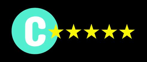 Mint green circle with a white C with five golden stars