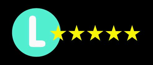 Mint green circle with a white L with five golden stars