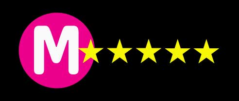 Hot pink circle with a white M with five golden stars