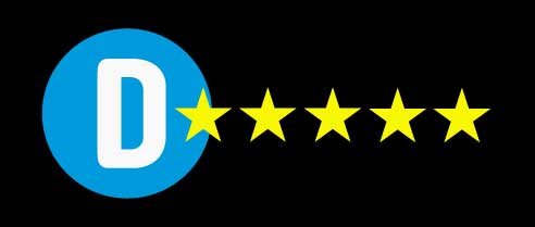 Blue circle with a white D with five golden stars