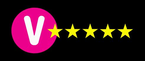Hot pink circle with a white V with five golden stars