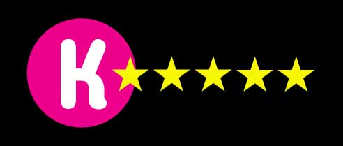 Pink circle with a white K with five golden stars