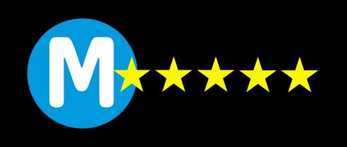 Blue circle with a white M with five golden stars