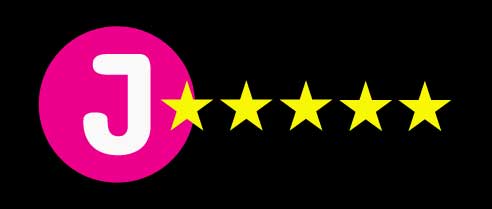 Hot pink circle with a white J with five golden stars