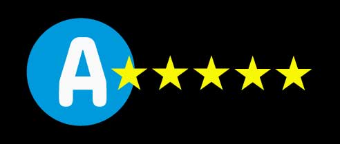 Blue circle with a white A with five golden stars