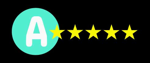 Mint green circle with a white A with five golden stars