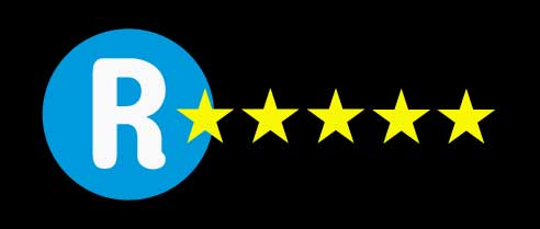 Blue circle with a white R with five golden stars