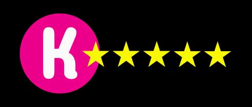 Hot pink circle with a white K with five golden stars