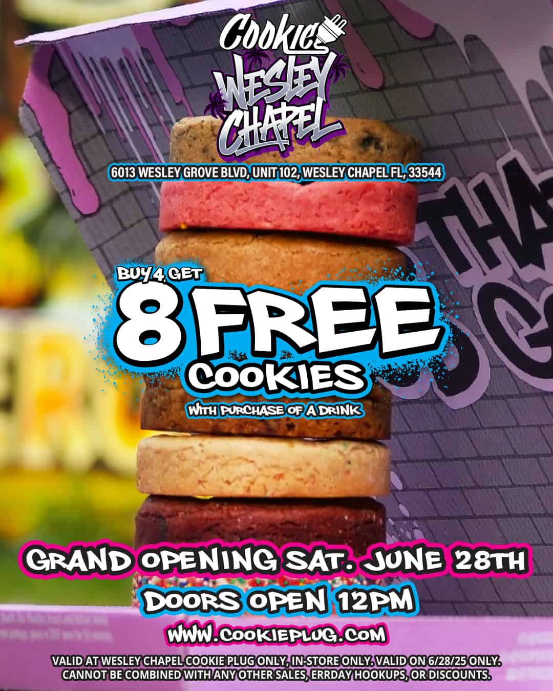 Graphic that has a stack of large, thick cookies that says 'Cookie' with an electrical plug attached to it that also says 'Wesley Chapel' - 'Buy 4, Get 8 Free Cookies with a purchase of a drink'. 'Grand Opening Sat. June 28th, doors open at 12 pm.'