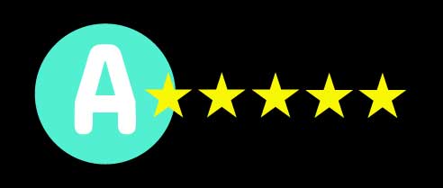 Mint green circle with a white L with five golden stars