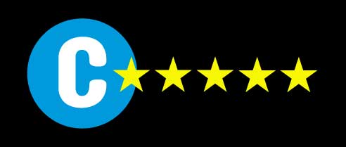Blue circle with a white C with five golden stars
