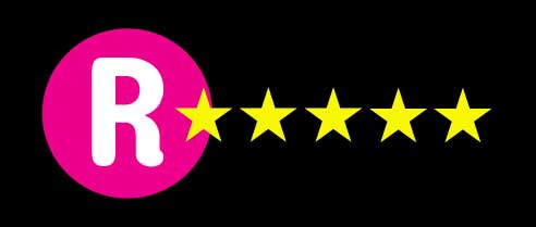 Hot pink circle with a white R with five golden stars