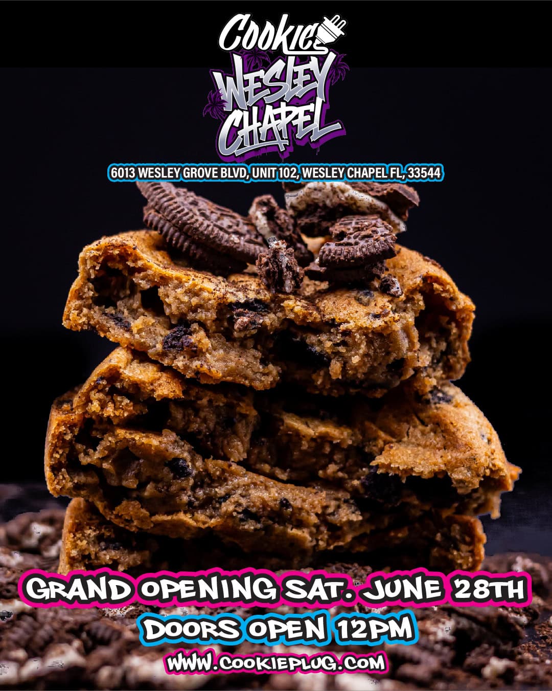 A close up image of an Oreo cookie that's ontop of a cookies and cream cookie. 'Cookie Plug - Wesley Chapel - Grand Opening Sat. June 28th, Doors Open at 12pm'