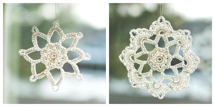 Two versions of Grandma Jennie's classic crochet snowflake patterns, showcasing winter charm and versatility for various decorations.