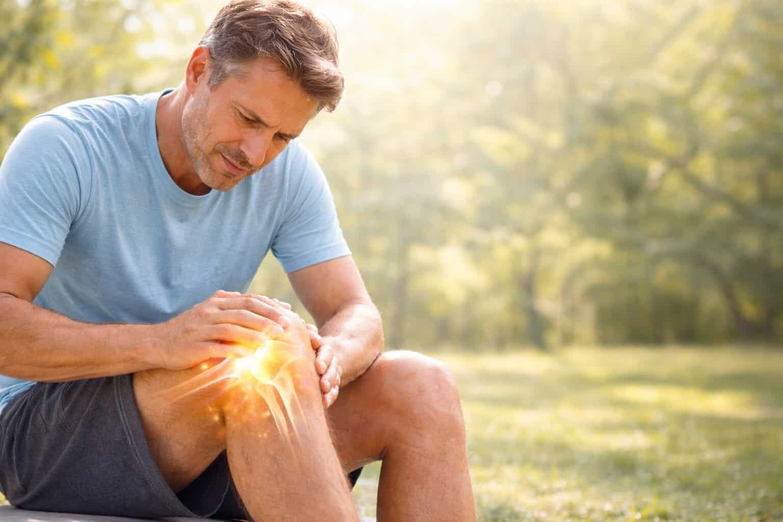 Middle-aged man sitting outdoors, holding his knee with a pained expression; a glowing effect highlights the knee to indicate pain or injury, suggesting he may benefit from Trigger Point Injection Therapy.