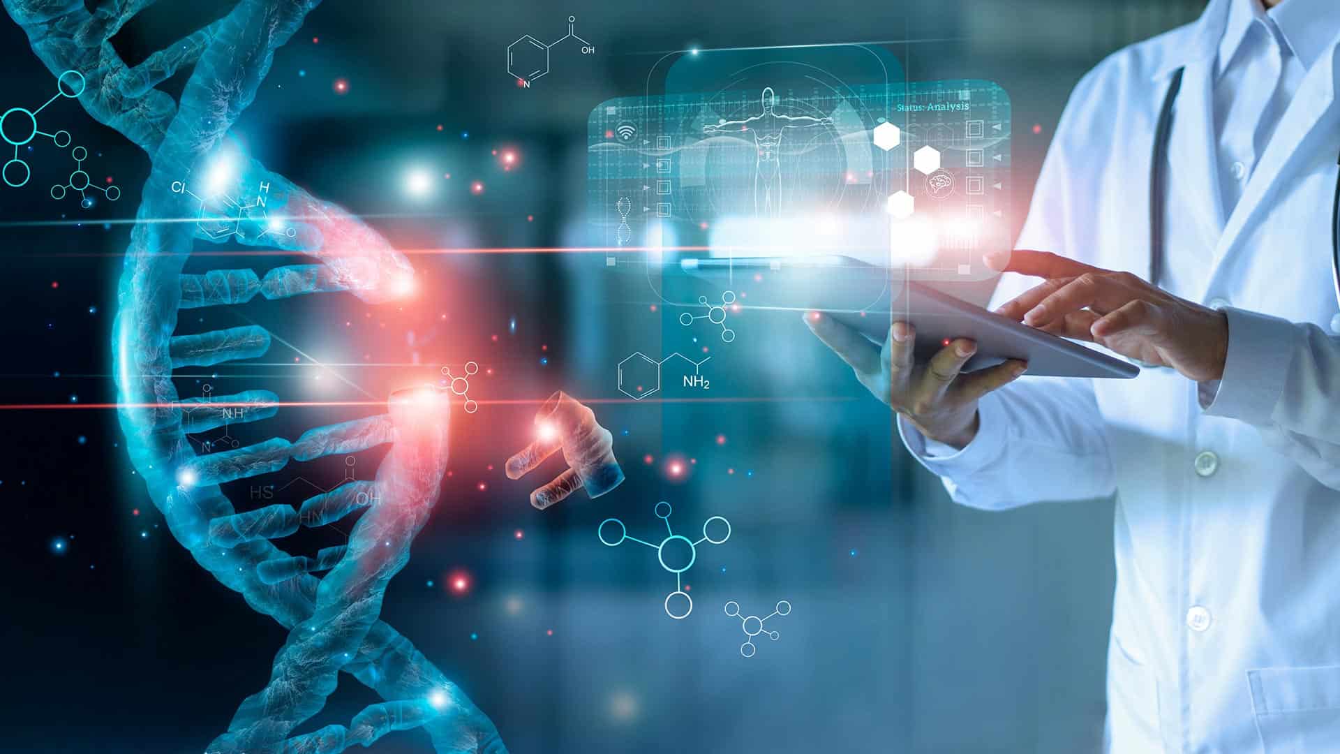 A scientist in a lab coat uses a tablet near a digital DNA strand and molecular graphics, representing research and breakthroughs in genetic technology and nutrition.