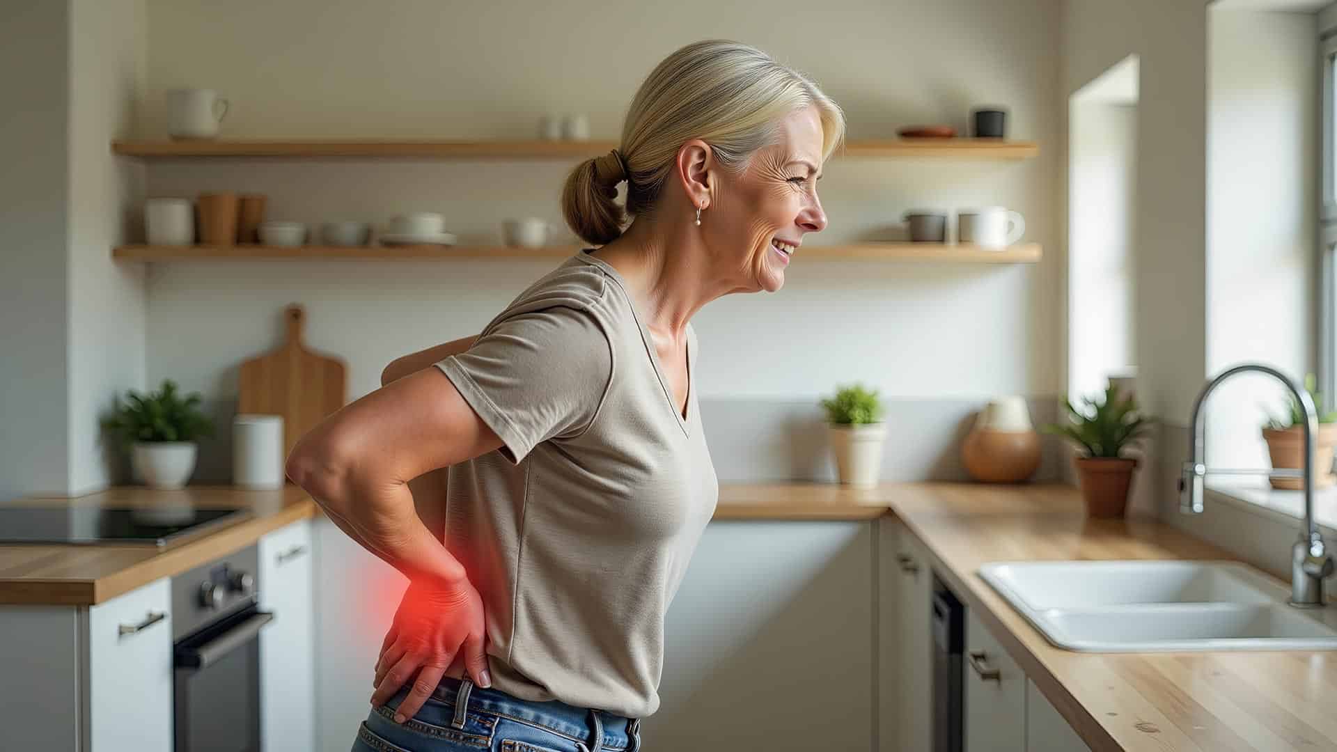 A woman stands in a kitchen, holding her lower back and wincing in pain, with a red highlight indicating discomfort from sciatica.