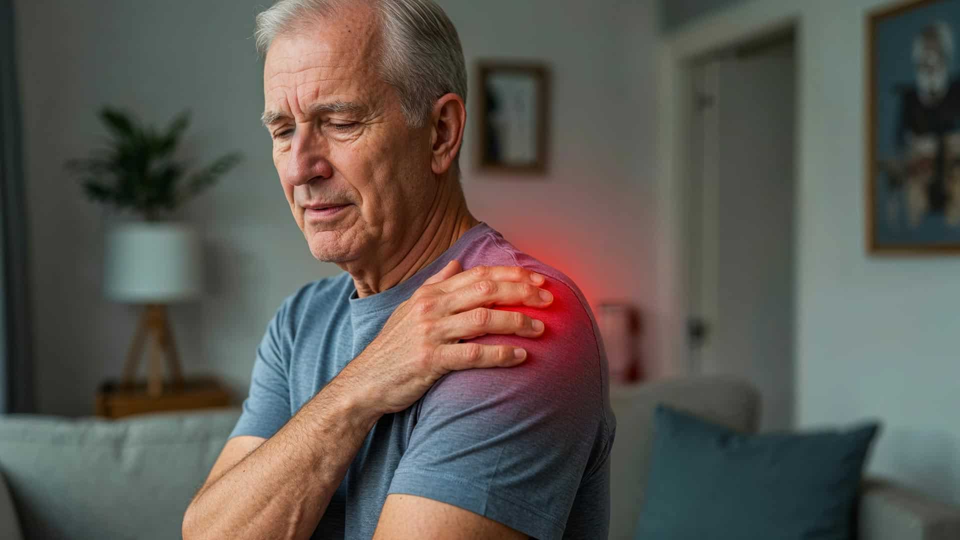 An older man sits on a couch, holding his left shoulder in pain; a red glow highlights his shoulder pain and discomfort.