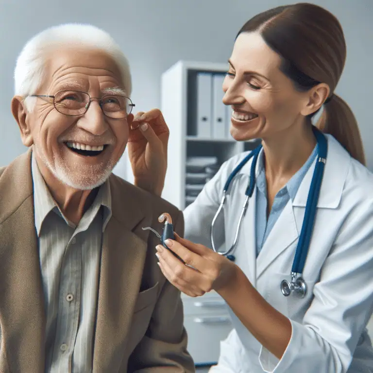 happy old patient purchasing new hearing aids from doctor. It is imperative that the doctor is not wearing hearing aids.