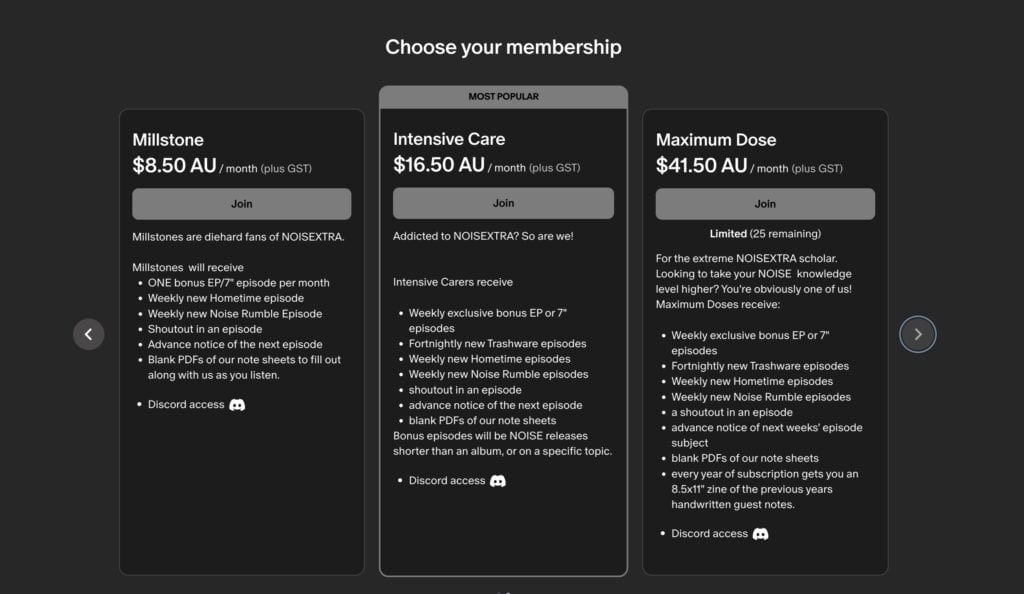 Membership tiers on Patreon offered by the noisextra podcast