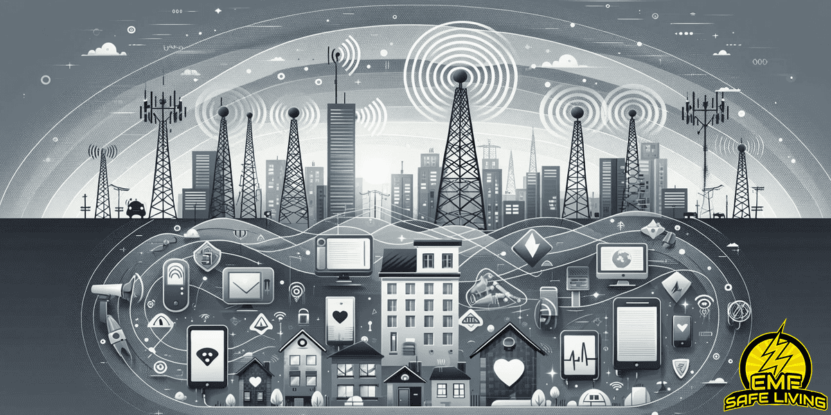 A black and white illustration of a city with towers and buildings. EMF Safe Living 
