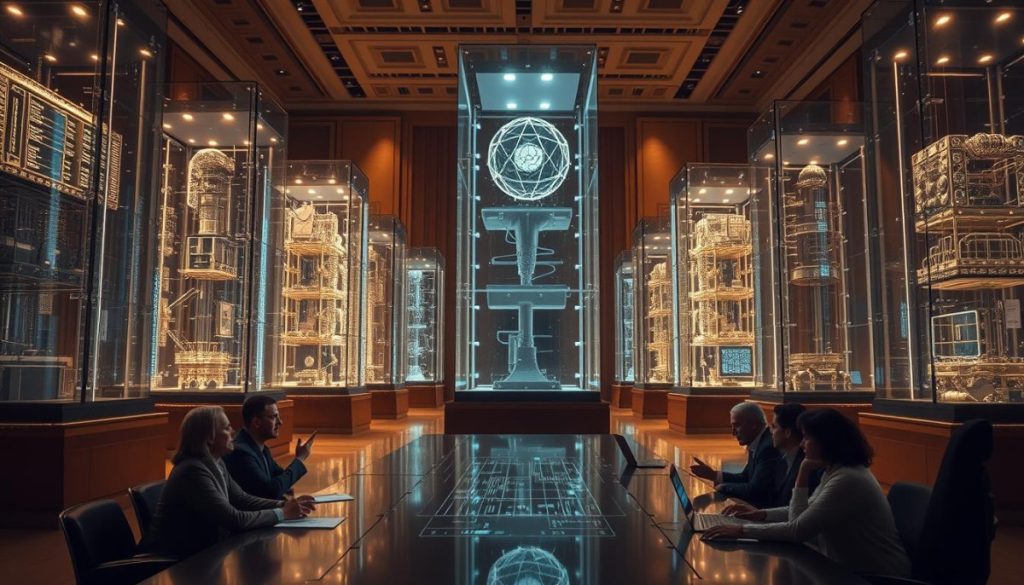 A Grand Hall Filled With Towering Glass Casings, Each Housing A Different Large Language Model. Soft, Diffused Lighting Casts A Reverent Glow, Highlighting The Intricate Inner Workings And Unique Architectures Of These Ai Titans. In The Foreground, A Long Conference Table Where Experts In Natural Language Processing Engage In Animated Discussion, Gesturing Towards Detailed Holographic Visualizations Of Model Performance Metrics And Capabilities. The Rich, Cinematic Atmosphere Conveys The Awe-Inspiring Scale And Significance Of These Cutting-Edge Language Technologies And Their Transformative Impact On The Field Of Artificial Intelligence.