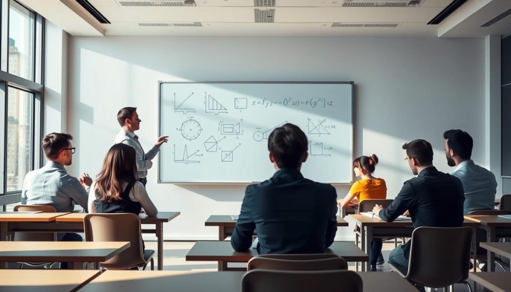 A Highly Detailed, Hyper-Realistic Illustration Of A Teacher-Student Model Framework In A Modern Classroom Setting. The Foreground Features A Teacher Standing At The Center, Gesturing Towards A Large Whiteboard Displaying Technical Diagrams And Equations. In The Middle Ground, Several Attentive Students Are Seated At Desks, Their Expressions Focused As They Take Notes. The Background Showcases A Sleek, Minimalist Classroom Design With Large Windows Allowing Natural Light To Stream In, Creating A Warm, Productive Atmosphere. The Lighting Is Directional, Casting Dramatic Shadows And Highlights To Accentuate The Forms. The Composition Utilizes A Low Angle Perspective To Convey A Sense Of Authority And Importance Of The Subject Matter.