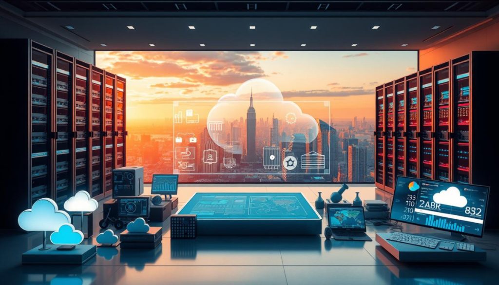 A Highly Detailed, Photorealistic Depiction Of An Array Of Sophisticated Cloud Deployment Tools, Meticulously Arranged In A Sleek, Minimalist Workspace. The Foreground Showcases Various Cloud Platform Icons, Server Racks, And Cutting-Edge Infrastructure Management Software Interfaces, All Rendered With Exceptional Clarity And Precision. The Middle Ground Features A Holographic Control Panel, Projecting Intricate Data Visualizations And Deployment Schematics. In The Background, A Panoramic View Of A Vibrant, Futuristic Cityscape Bathed In Warm, Diffused Lighting, Conveying A Sense Of Technological Advancement And Innovation. The Overall Composition Exudes A Professional, Yet Captivating Atmosphere, Perfectly Suited To Illustrate The &Quot;Leveraging Cloud Platforms And Deployment Tools&Quot; Section Of The Article.