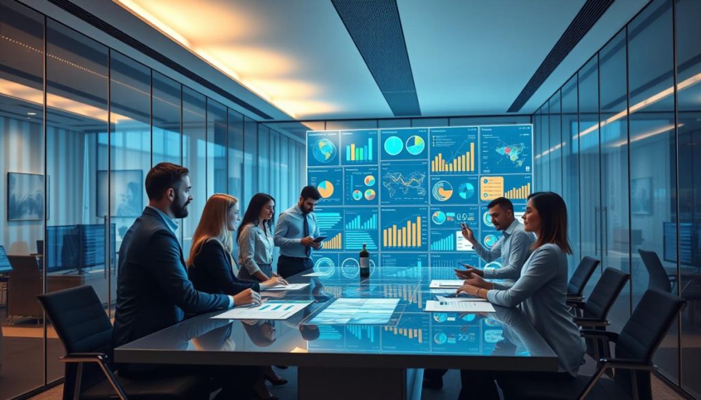 A Modern, Sleek Office Setting With A Glass-Walled Conference Room. Inside, A Team Of Data Analysts And Pr Professionals Gather Around A Large Table, Surrounded By Holographic Displays And Interactive Dashboards Showcasing Various Data Sources And Analytics Tools. Soft, Directional Lighting Illuminates The Scene, Creating A Professional And Focused Atmosphere. The Team Members Are Deeply Engaged, Examining Colorful Data Visualizations And Discussing Insights That Will Inform Their Upcoming Pr Campaign Strategy. The Overall Mood Conveys A Sense Of Collaboration, Innovation, And Data-Driven Decision Making.