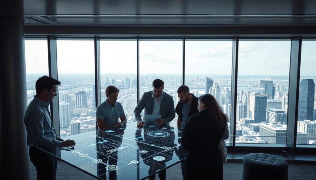 A Sleek, Modern Corporate Office With Floor-To-Ceiling Windows Overlooking A Bustling City Skyline. In The Foreground, A Team Of Data Engineers And Cloud Architects Collaborate Around A Holographic Projection Table, Discussing Intricate Serverless Deployment Strategies. Soft, Directional Lighting Illuminates Their Focused Expressions As They Navigate Complex Infrastructure Diagrams. In The Background, A Panoramic Cityscape Serves As A Backdrop, Hinting At The Global Scale Of Their Enterprise-Grade Ai Solutions. The Scene Conveys A Sense Of Technological Sophistication, Collaborative Problem-Solving, And A Forward-Thinking Approach To Empowering Digital Growth Through Serverless Ai Deployment.