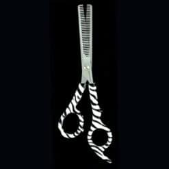 Tijeras de peluquería Raugcci con diseño Zebra para entresacar.