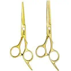Kit de 2 Tijeras para Cabello Corte Doradas Deslizante 5.5" y Entresacar Sencilla Marca Rz en Acero Inoxidable