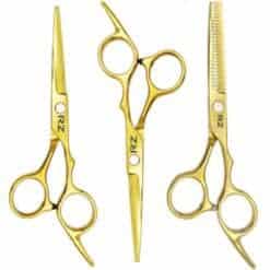 Kit de 3 Tijeras para Cabello Doradas Corte Microdentada 5.5", Corte Deslizante de 5.5" y Entresacar Sencilla Marca Rz en Acero Inoxidable