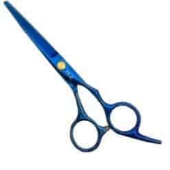 Tijeras de peluquería Rz azul de filo liso en acero inoxidable.
