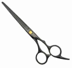 Tijeras profesionales para cabello en acero inoxidable, filo microdentado, color negro.