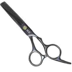 Tijeras de peluquería Rz negras en acero inoxidable para entresacar.