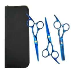 Tijeras profesionales para cabello azul con funda de protección.