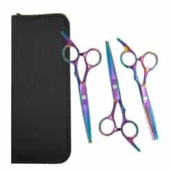 Conjunto de tijeras de peluquería tornasol y estuche de transporte.