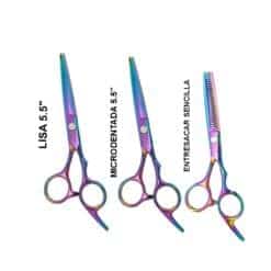 Tijeras de peluquería con acabado iridiscente y diferentes estilos.