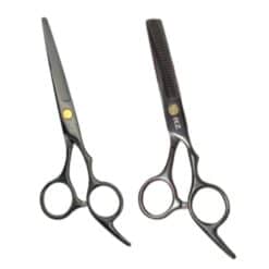 Kit de 2 Tijeras para Cabello Corte Negra Deslizante 5.5" y Entresacar Sencilla Marca Rz en Acero Inoxidable