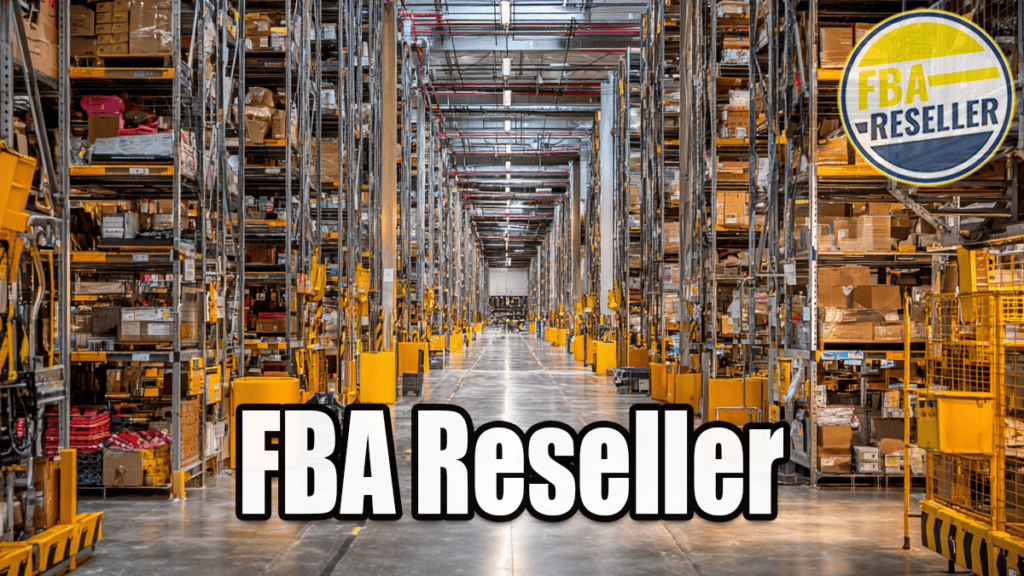 A warehouse with tall shelves full of boxes and products, prominently displaying the words "FBA Reseller" in bold text, while a round FBA Reseller logo sits neatly in the corner.